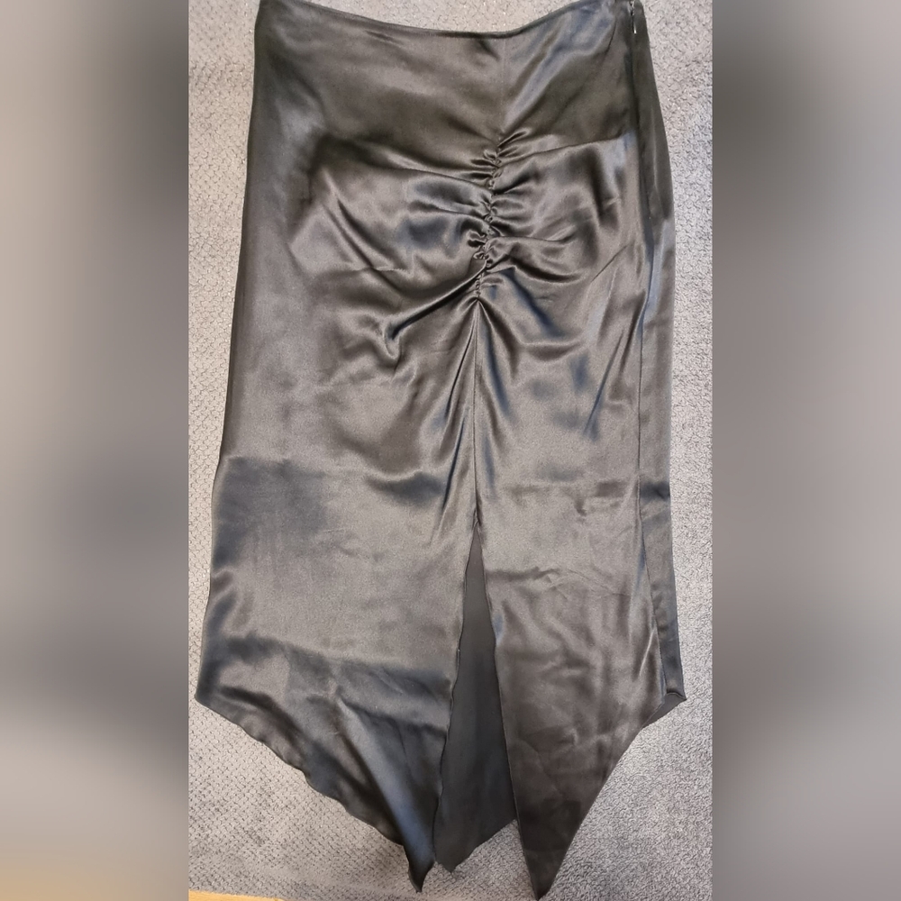 kenzie Black Asymmetrical Satin Ruched Front Midi Skirt